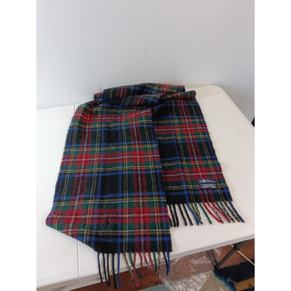 Vtg 90s Polo Ralph Lauren Lambswool Scarf Red Green Blue Plaid Scotland Fringe